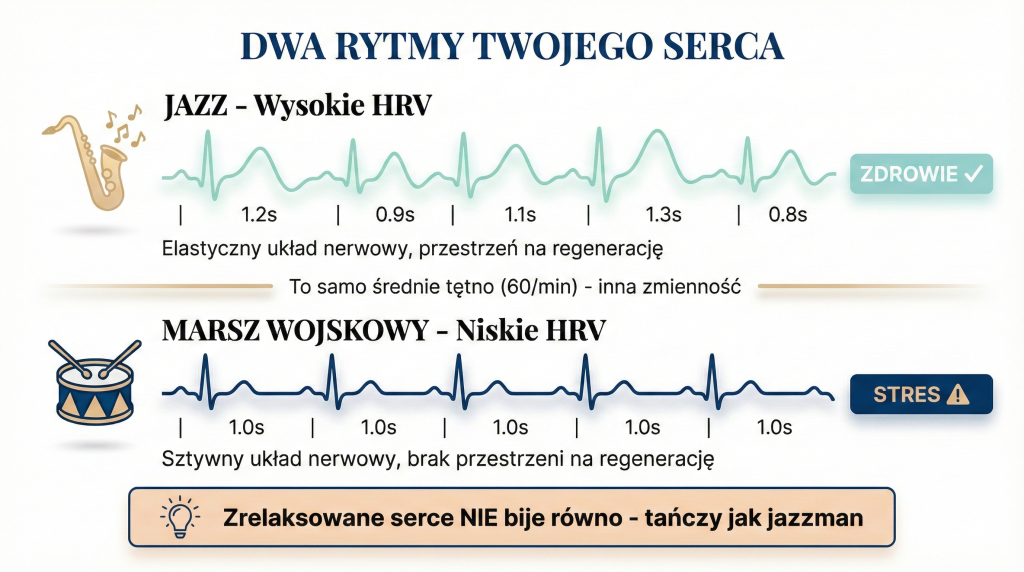 Wykres porównujący zdrowy jazzowy rytm serca z wysoką zmiennością HRV i sztywny marszowy rytm z niską zmiennością HRV