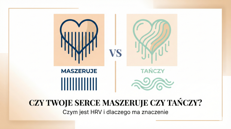 Ilustracja porównująca dwa rytmy serca - sztywny marsz wojskowy symbolizujący niskie HRV i swobodny taniec jazzowy symbolizujący wysokie HRV