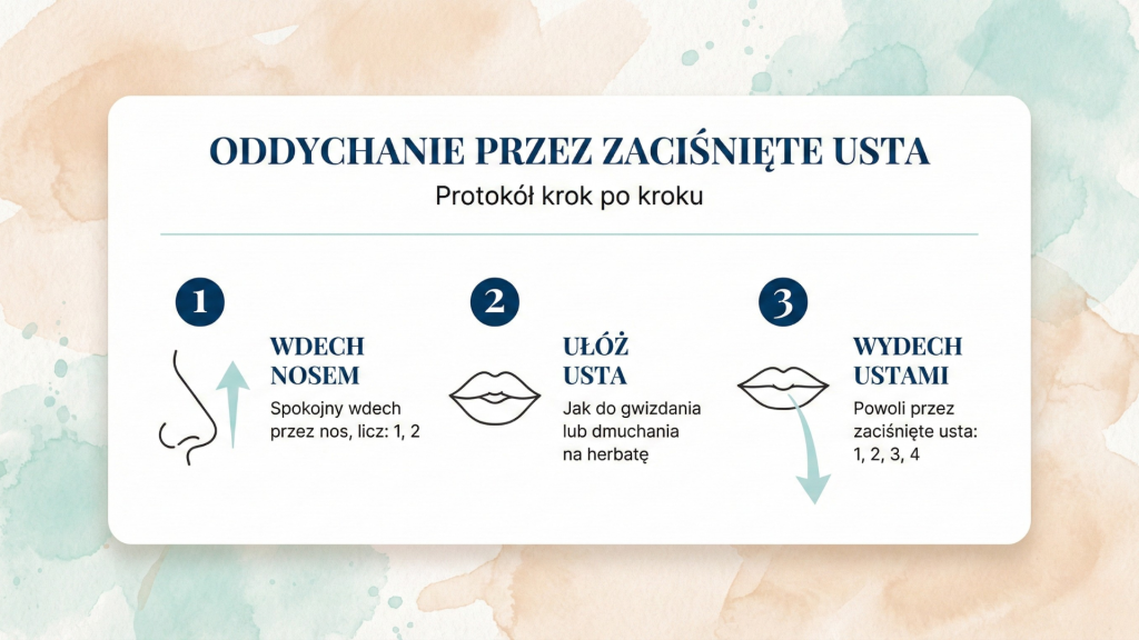 Infografika krok po kroku techniki oddychania przez zaciśnięte usta – wdech nosem i długi wydech przez zaciśnięte usta z opisem trzech kroków
