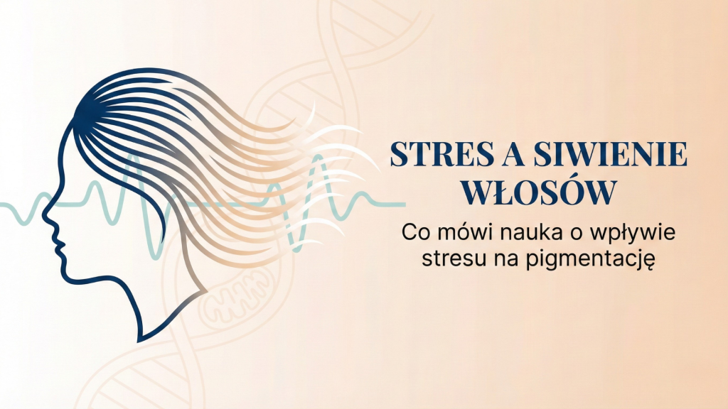 Grafika przedstawiająca związek stresu psychologicznego z siwieniem włosów – wizualizacja mechanizmu progowego w ciepłej kolorystyce beżowej i miętowej