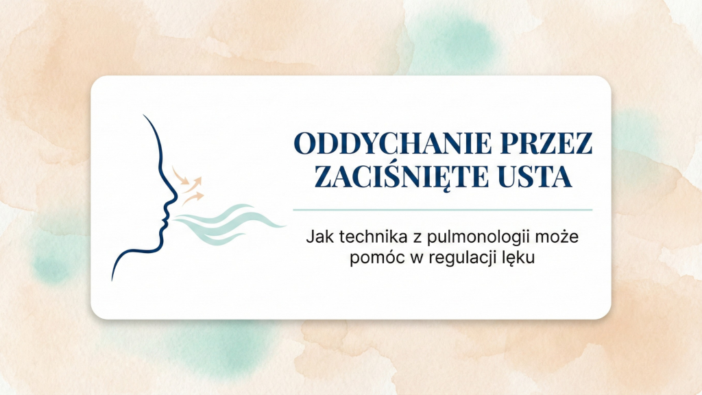 Infografika przedstawiająca technikę oddychania przez zaciśnięte usta – wizualizacja przepływu oddechu z wydłużonym wydechem w kolorystyce beżowej i miętowej