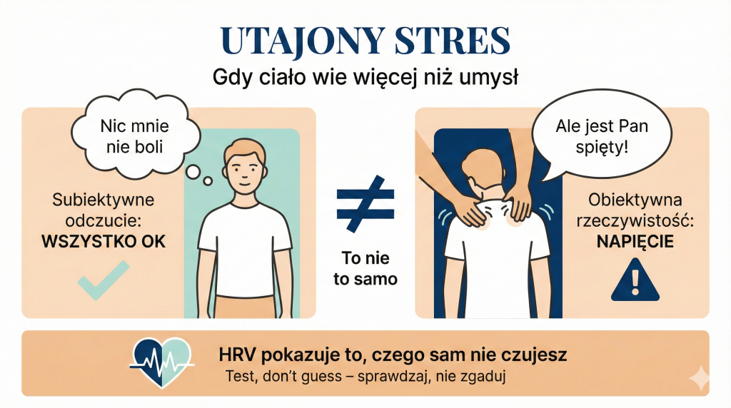 Ilustracja pokazująca rozbieżność między subiektywnym odczuciem że wszystko jest OK a obiektywnym stanem napięcia ciała - przykład z fizjoterapeutą