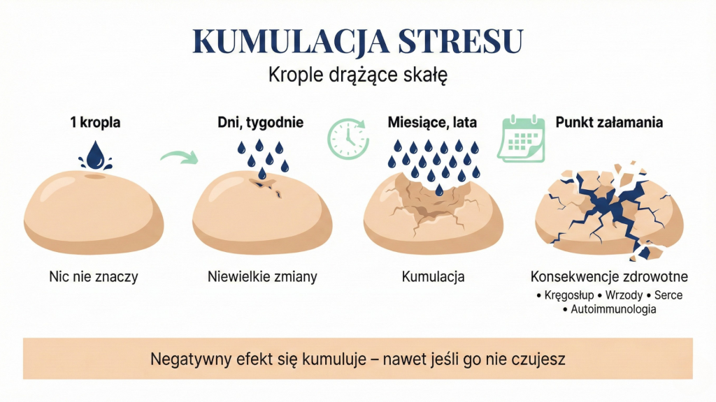 Infografika metafory kropli drążących skałę - pojedyncza kropla stresu nic nie znaczy ale kumulacja przez miesiące i lata prowadzi do konsekwencji zdrowotnych