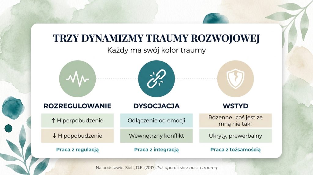  Diagram trzech dynamizmów traumy rozwojowej — rozregulowanie emocjonalne, dysocjacja, rdzenny wstyd — na podstawie Sieff 2017