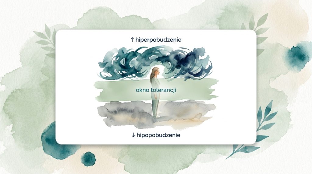  Ilustracja okna tolerancji — postać stojąca w wąskim paśmie spokoju między hiperpobudzeniem a hipopobudzeniem