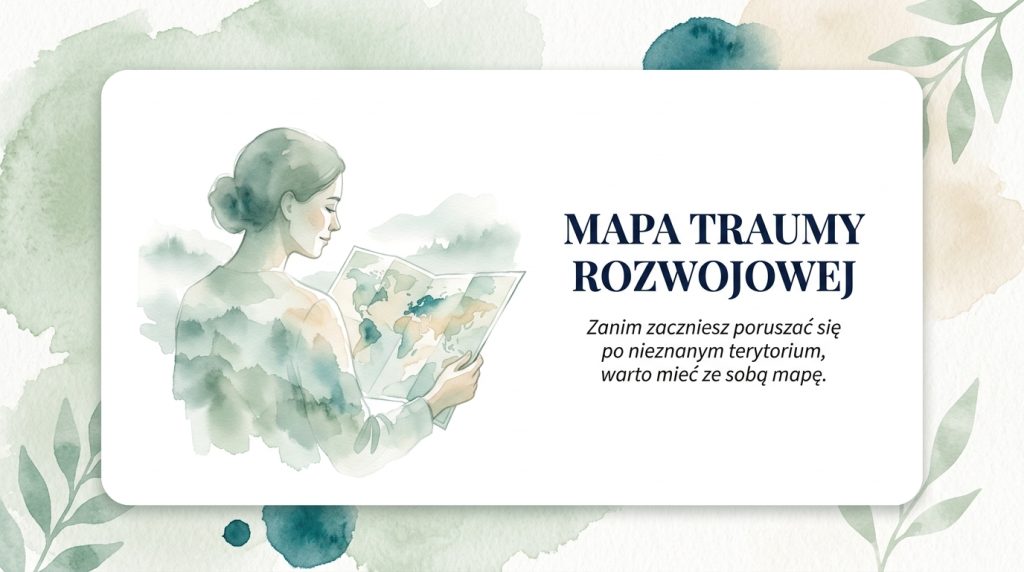 Ilustracja osoby patrzącej na mapę wewnętrznego krajobrazu — metafora orientacji w traumie rozwojowej