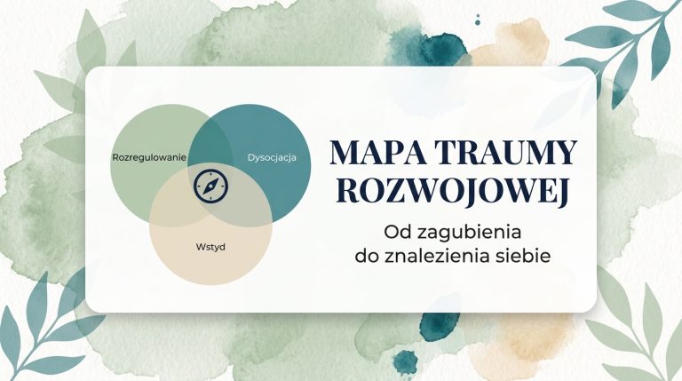 Infografika mapa traumy rozwojowej — trzy dynamizmy: rozregulowanie, dysocjacja, wstyd